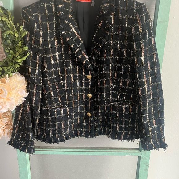 Alice + Olivia Black Tweed Frayed Metallic Detail Button Down Blazer Jacket Lg - Picture 7 of 8